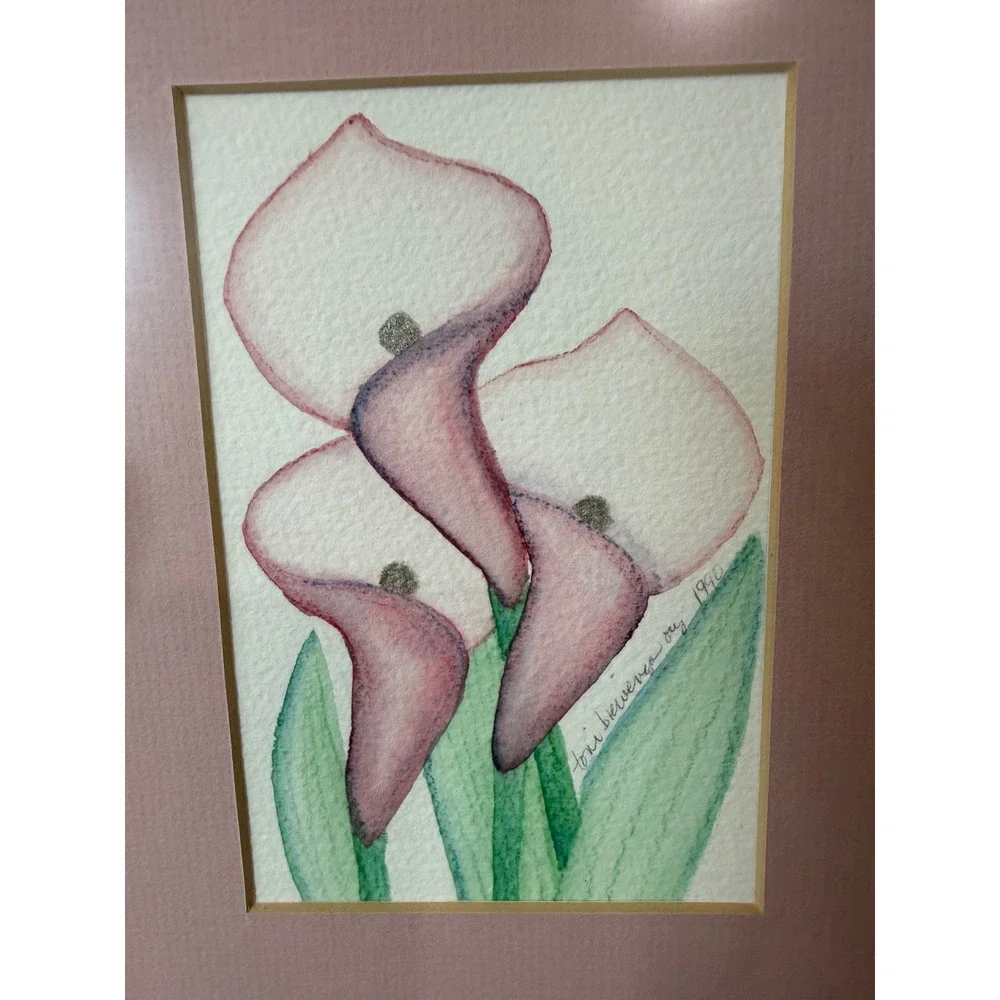 Vintage Toni Biewenga Ory Calla Lily Art Pair Signed 1990 Pink Floral Wall Decor